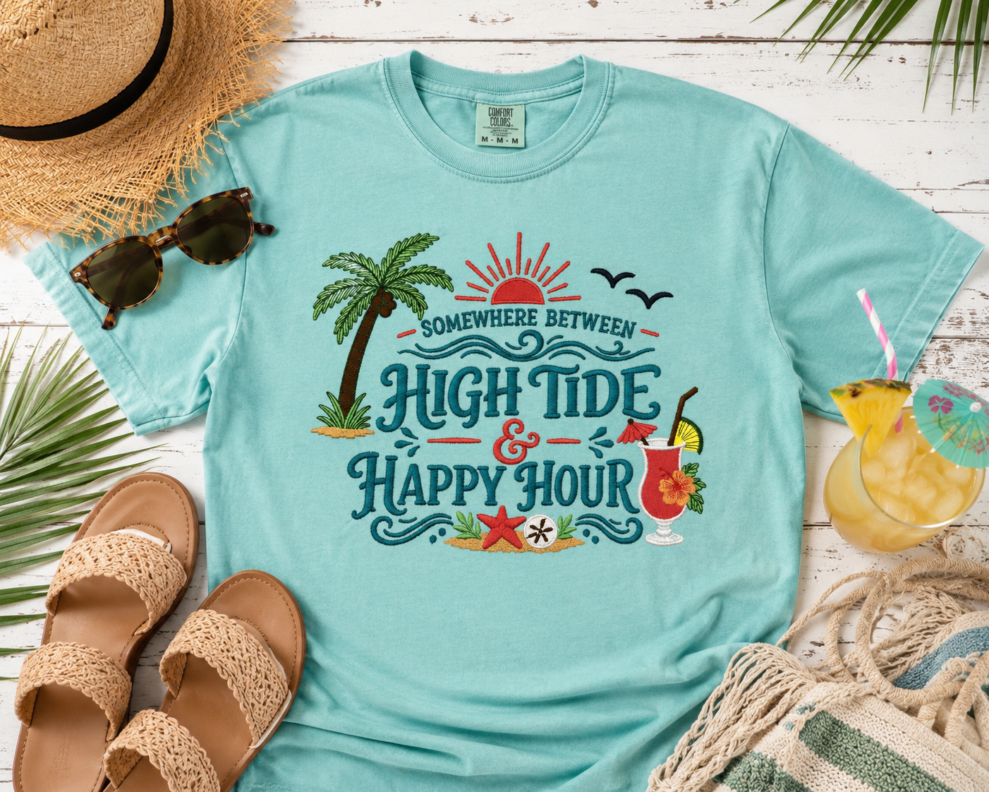 🌴✨ EXCLUSIVE COLLECTION ✨🌴  Somewhere Between High Tide & Happy Hour Embroidered Shirt