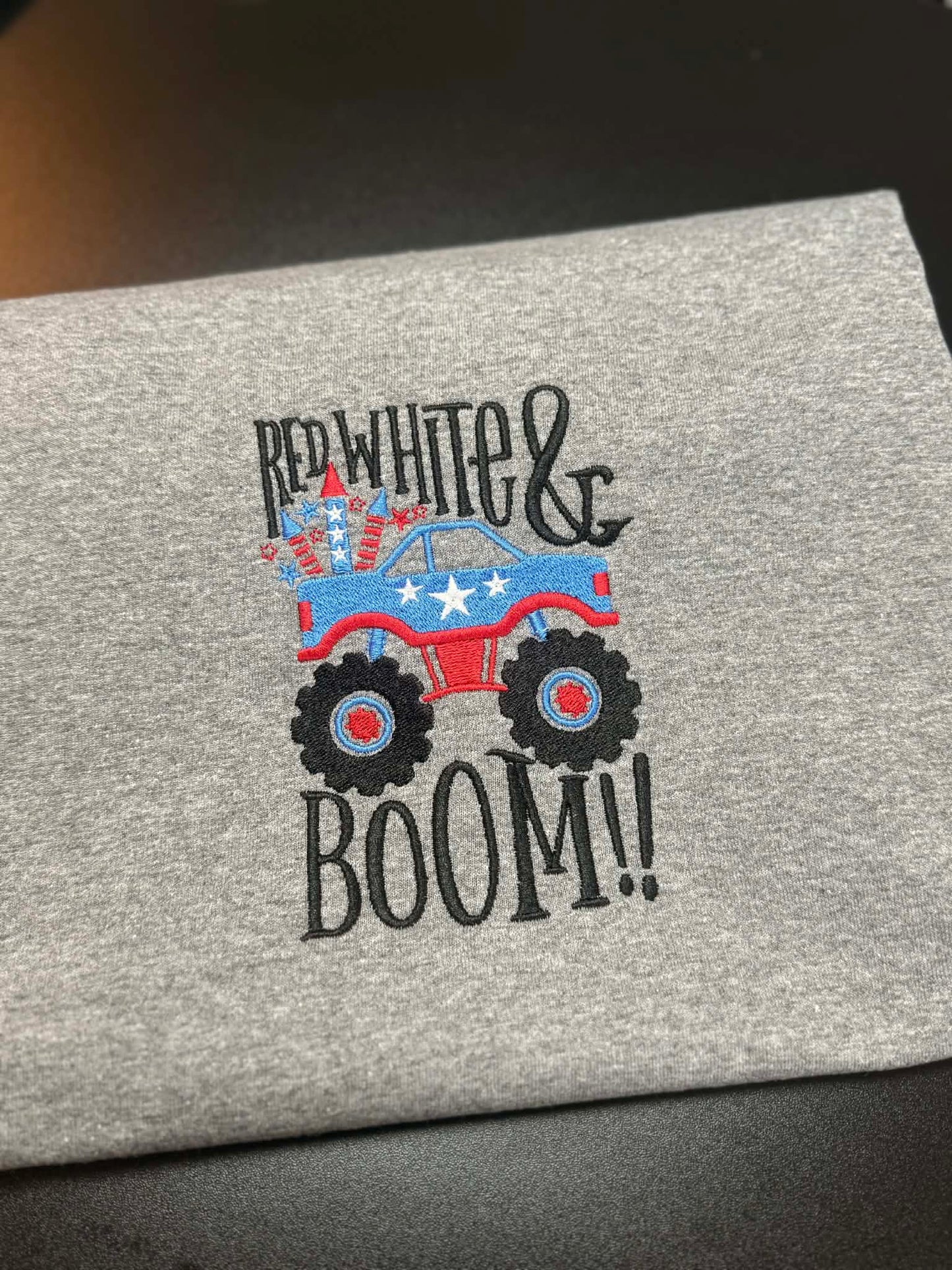 “Red, White & Boom” Monster Truck Embroidered Shirt 🛻
