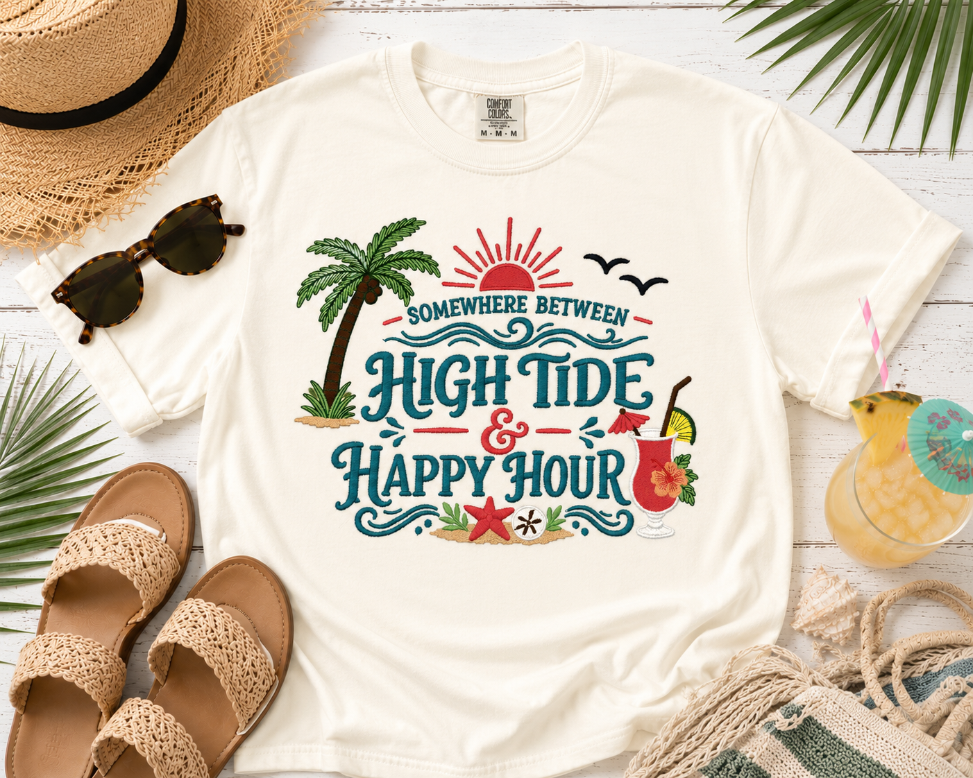 🌴✨ EXCLUSIVE COLLECTION ✨🌴  Somewhere Between High Tide & Happy Hour Embroidered Shirt