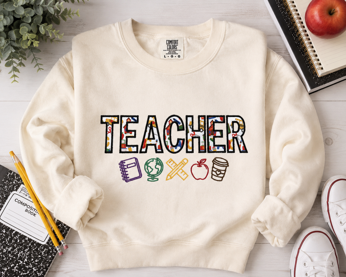 🍎 Teacher Appliqué & Embroidered Sweatshirt ✏️📚
