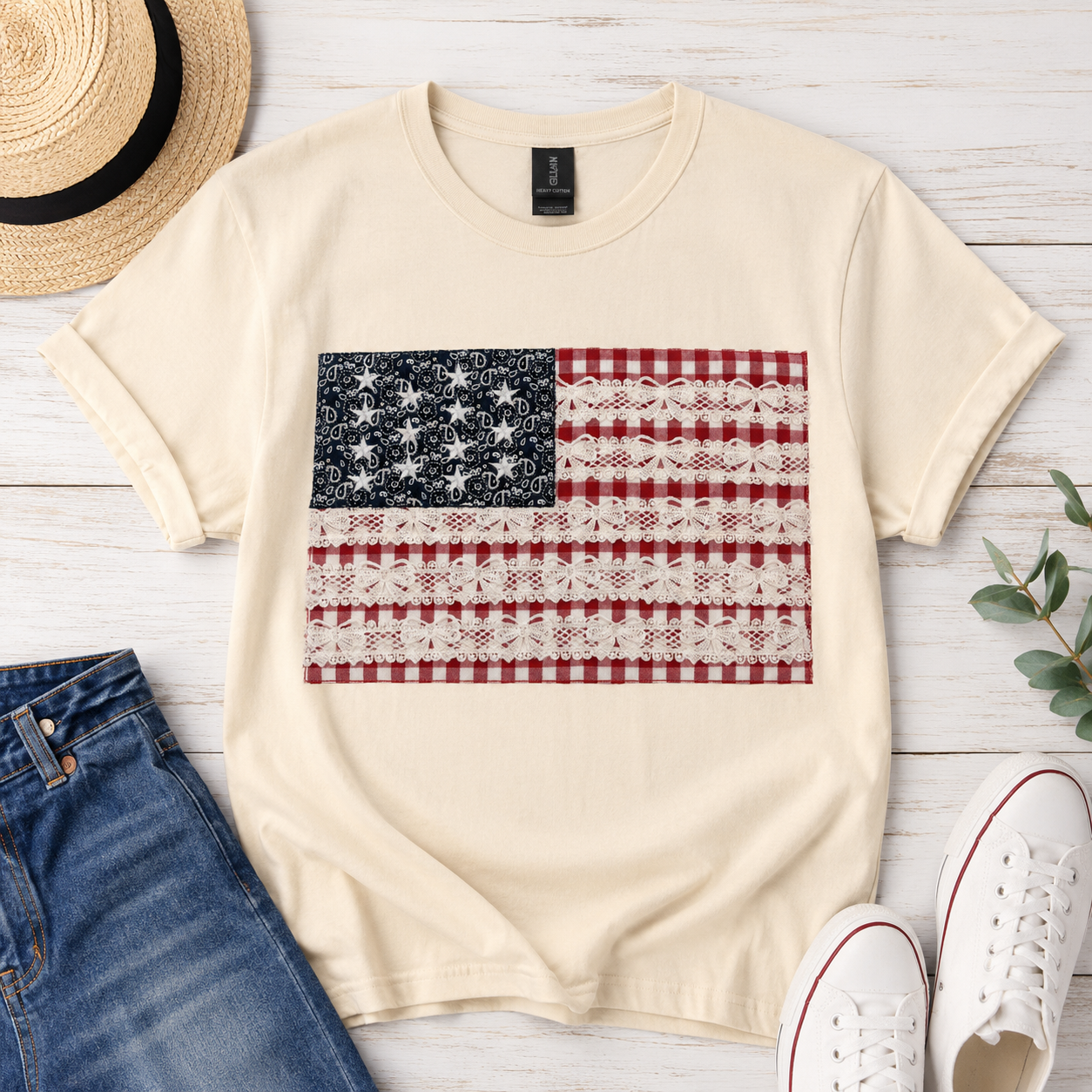 Vintage Lace Flag Appliqué Shirt ✨