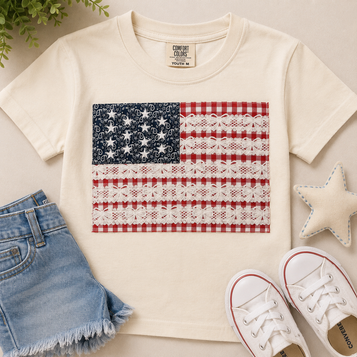 Youth Vintage Lace Flag Appliqué Shirt