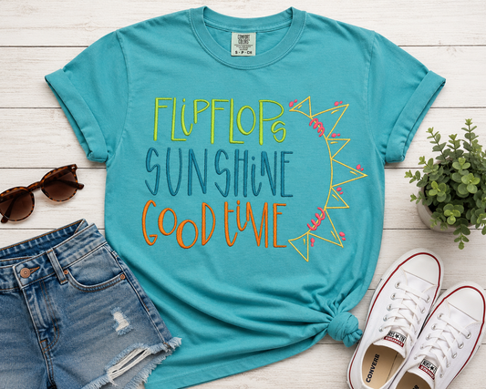 Flip Flops, Sunshine & Good Time Embroidered Shirt ☀️🍹🌴