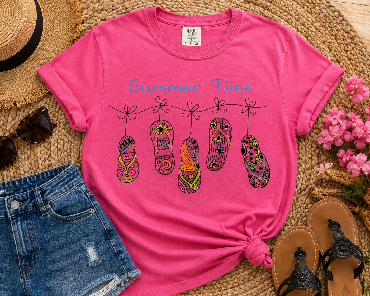 Summer Time Flip Flops Embroidered Shirt ☀️🩴🌺