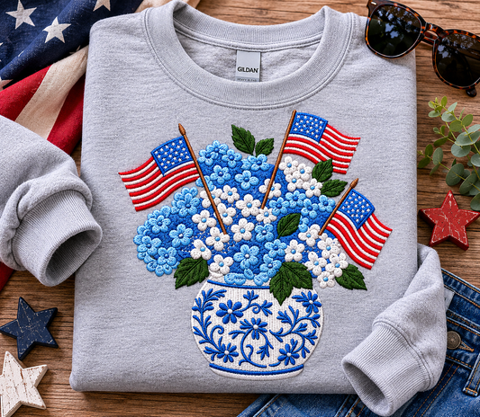 Patriotic Floral Vase Embroidered Design | Americana Hydrangea Apparel ❤️🤍💙