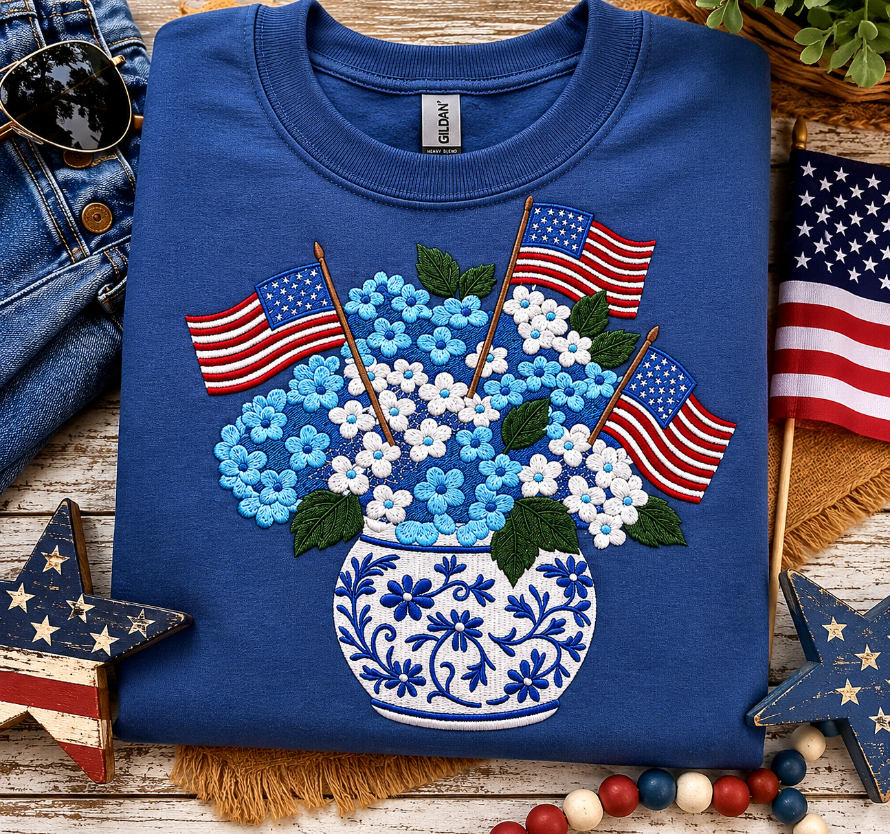 Patriotic Floral Vase Embroidered Design | Americana Hydrangea Apparel ❤️🤍💙