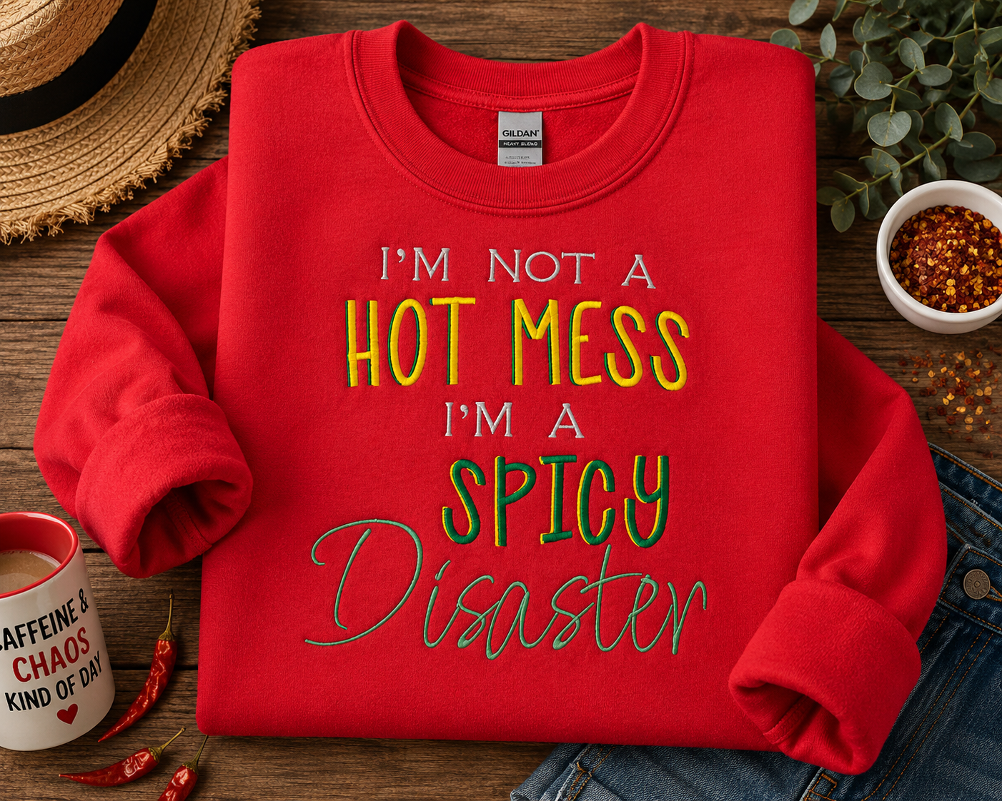I’m Not a Hot Mess, I’m a Spicy Disaster Embroidered Apparel