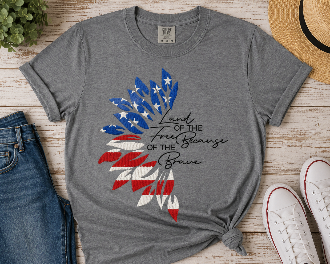 Land of the Free Embroidered Tee ❤️🤍💙
