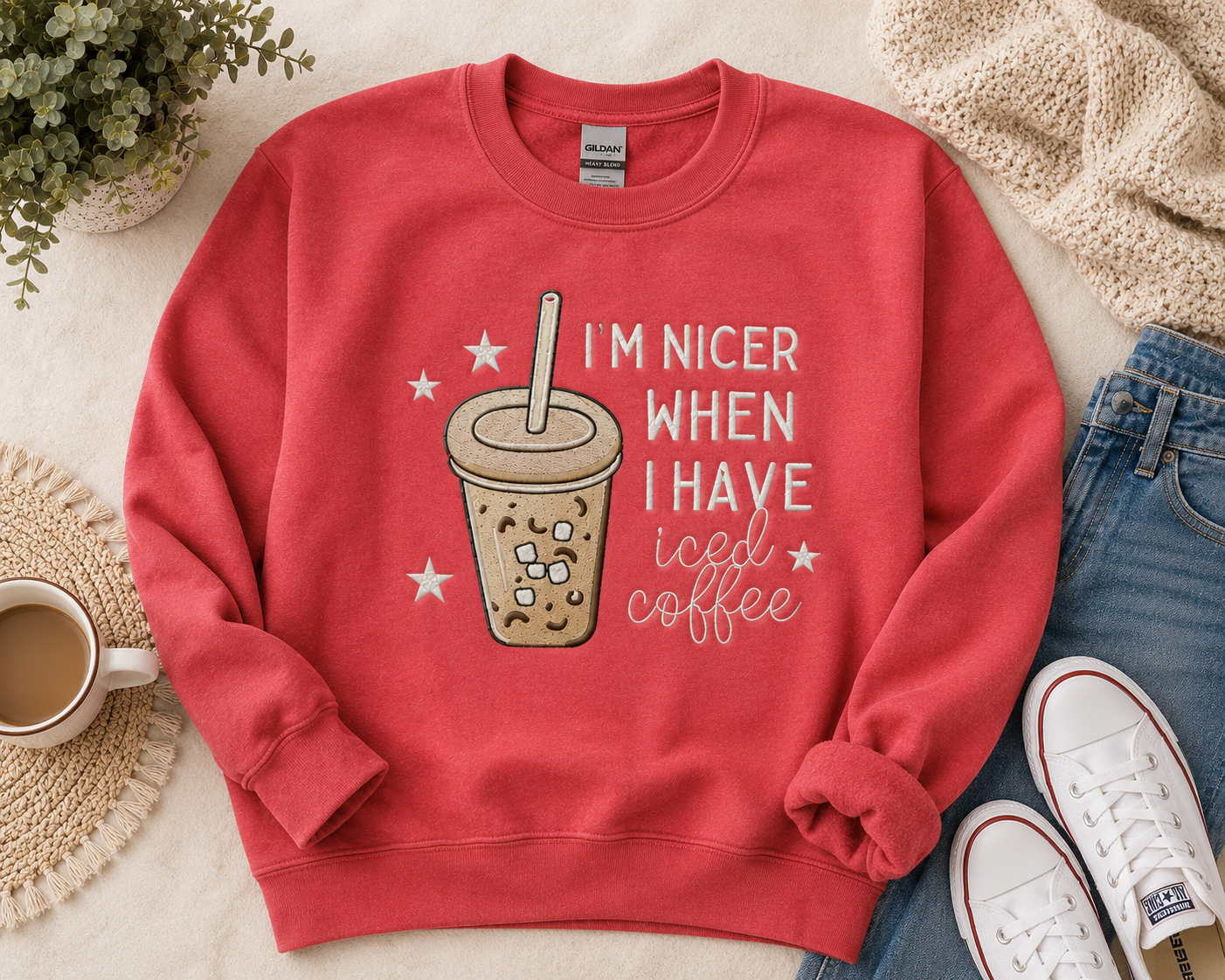 “I’m Nicer When I Have Iced Coffee” Embroidered Sweatshirt ☕💖