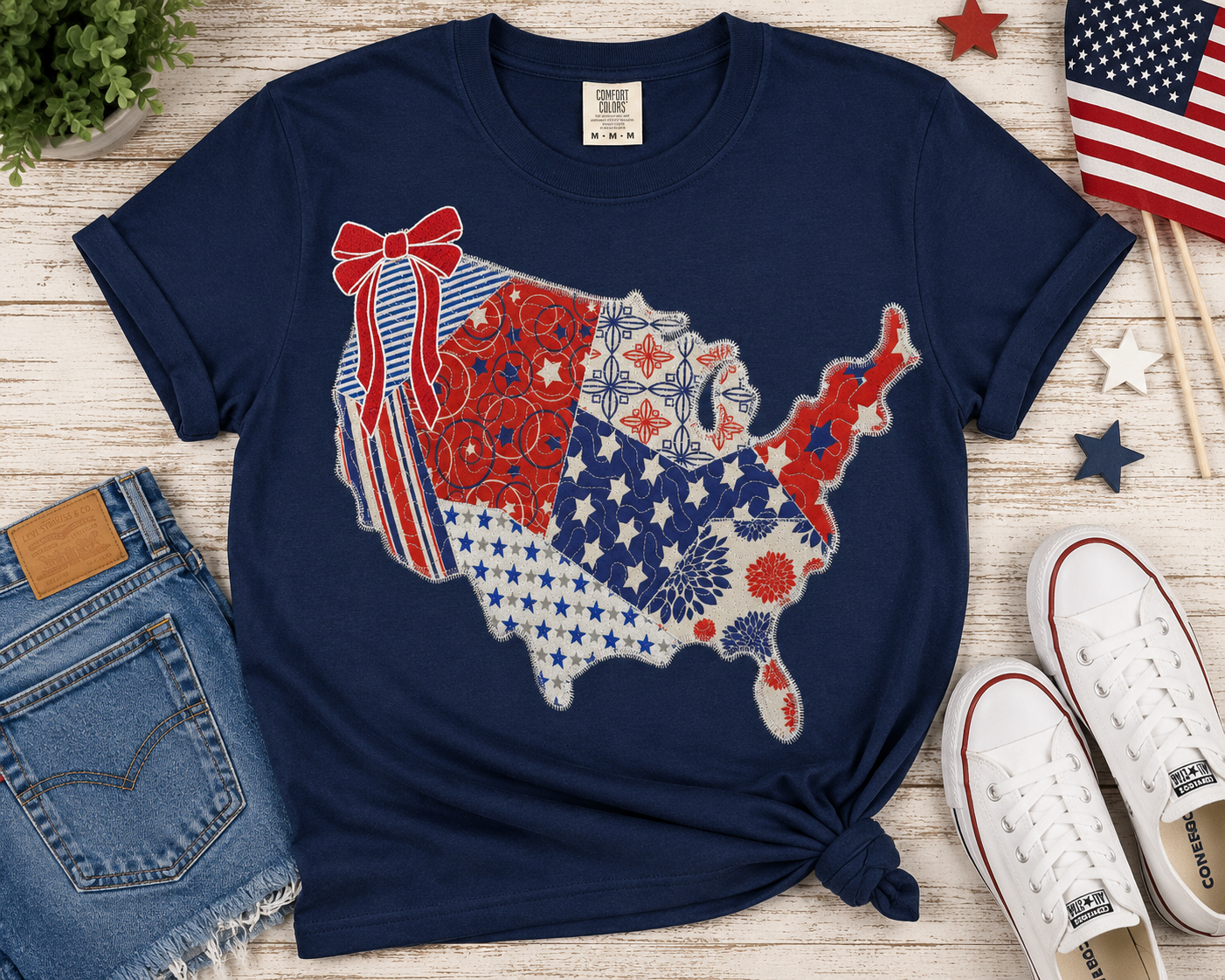 Patriotic Patchwork USA Appliqué T-Shirt