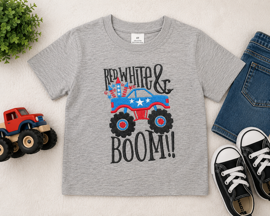 “Red, White & Boom” Monster Truck Embroidered Shirt 🛻