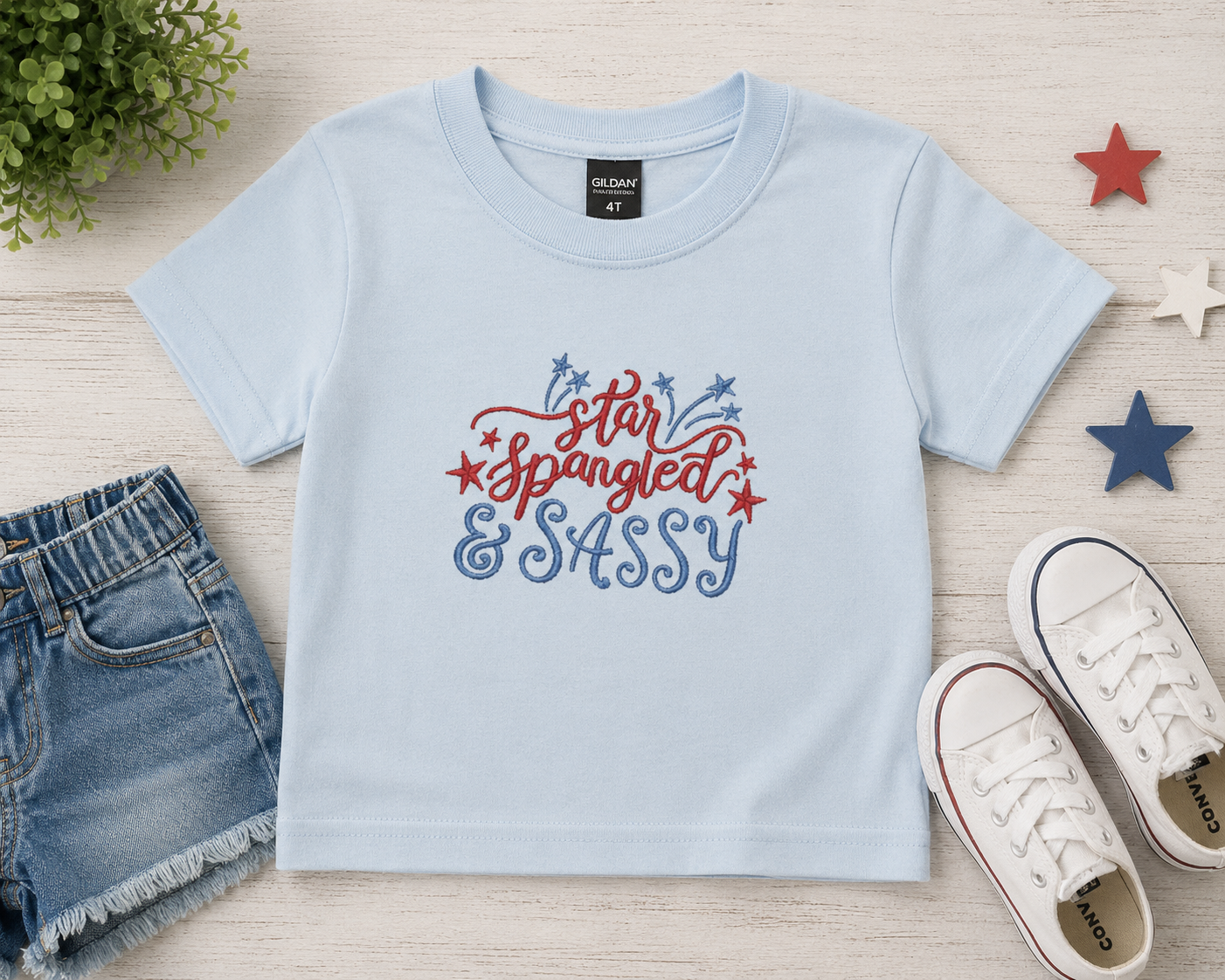 “Star Spangled & Sassy” Kids Embroidered T-Shirt ✨❤️🤍💙