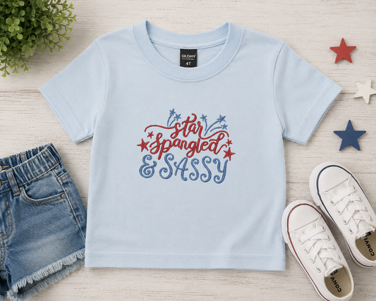 “Star Spangled & Sassy” Kids Embroidered T-Shirt ✨❤️🤍💙