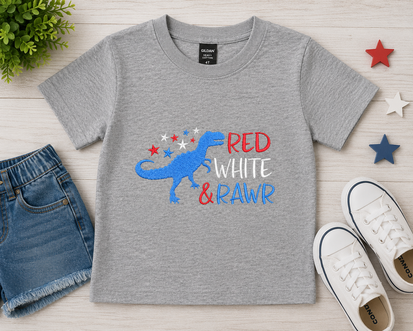 “Red, White & Rawr” Kids Embroidered T-Shirt 🦖
