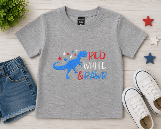 “Red, White & Rawr” Kids Embroidered T-Shirt 🦖