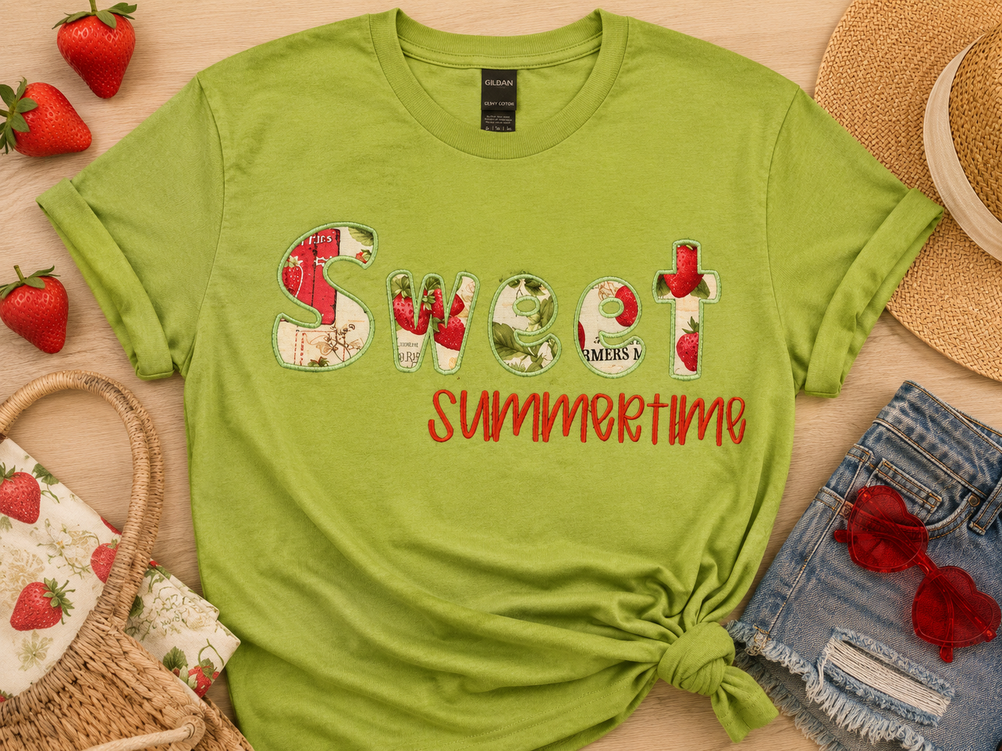“Sweet Summertime” Strawberry Appliqué T-Shirt 🍓☀️