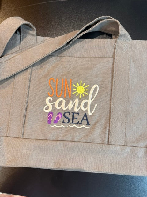 Personalized Beach Tote Bag | Embroidered “Sun Sand Sea” Tote