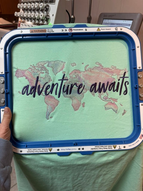 “Adventure Awaits” Embroidered World Map T-Shirt 🌍✈️