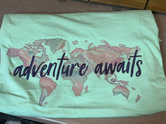 “Adventure Awaits” Embroidered World Map T-Shirt 🌍✈️