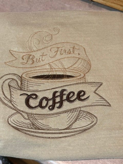 “But First, Coffee” Embroidered T-Shirt ☕